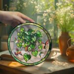 Pothos Plant With Bird Acrylic Suncatcher, Faux Stained Glass Window Hanging for Plant Lovers, Botanical Theme Home Art Decor,Garden Hanging