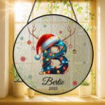 Personalized Letter Name Suncatcher, Personalized Christmas Window Hanging Ornament, Initial Letter with Santa Hat & Lights,Custom Name 2025