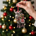 Personalized Donkey Ornament: Custom Name, Cartoon Style, Donkey Santa Hat, Saddlebag with Presents