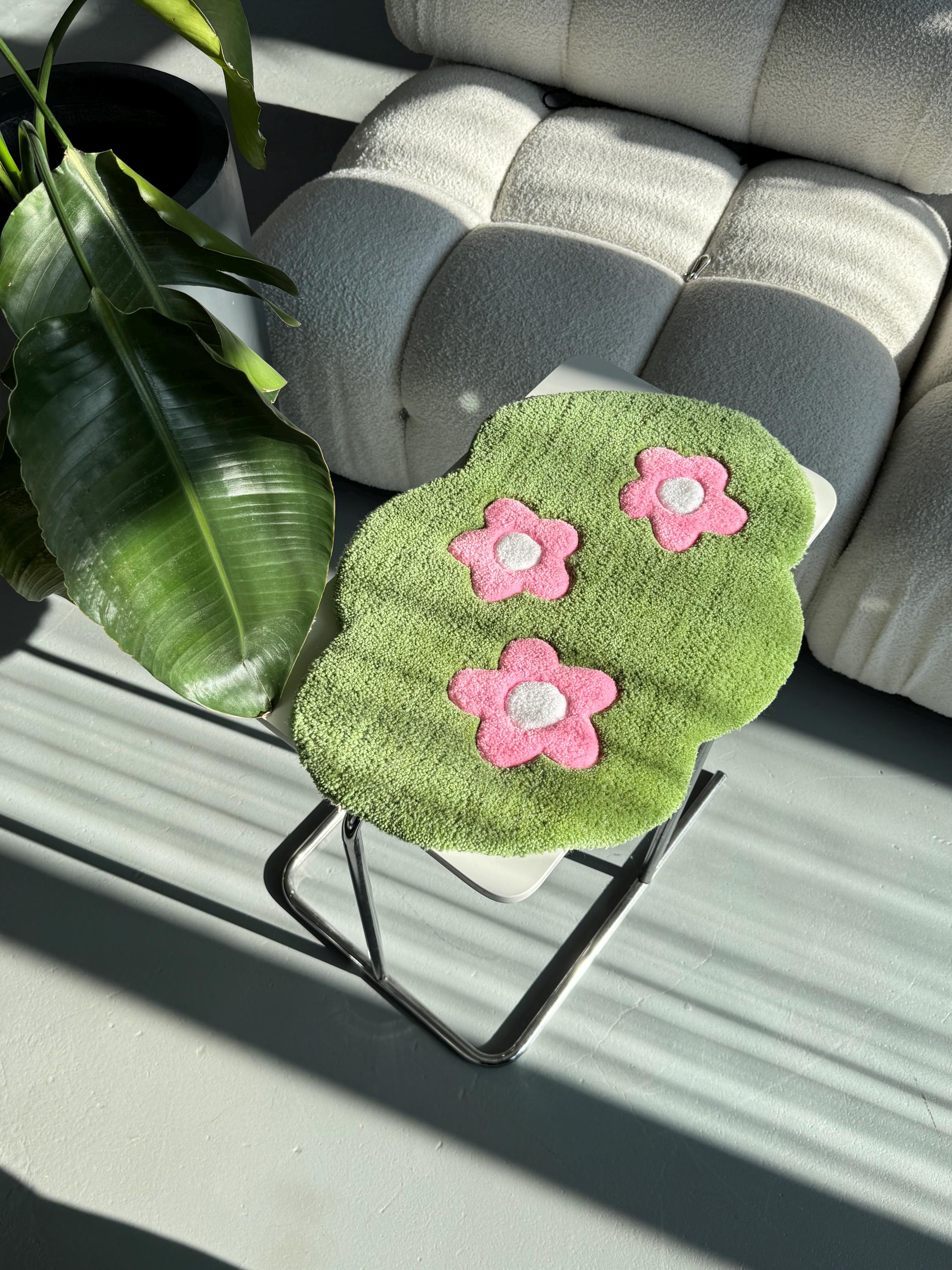 Small Tufted Rug with Flowers | Handmade Mat for Desk or Shelf Decor